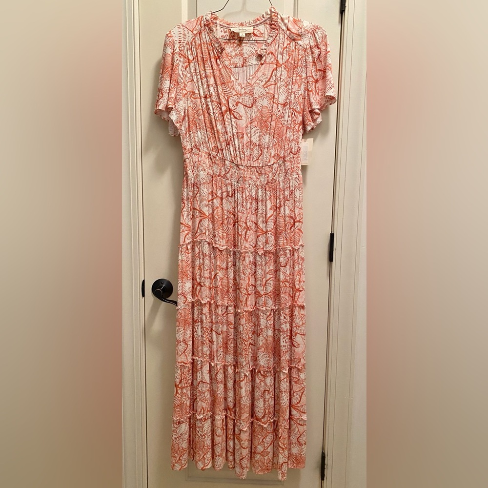 Smocked waist tiered maxi dress shades of pink and coral M bust apx 17.5” NWT